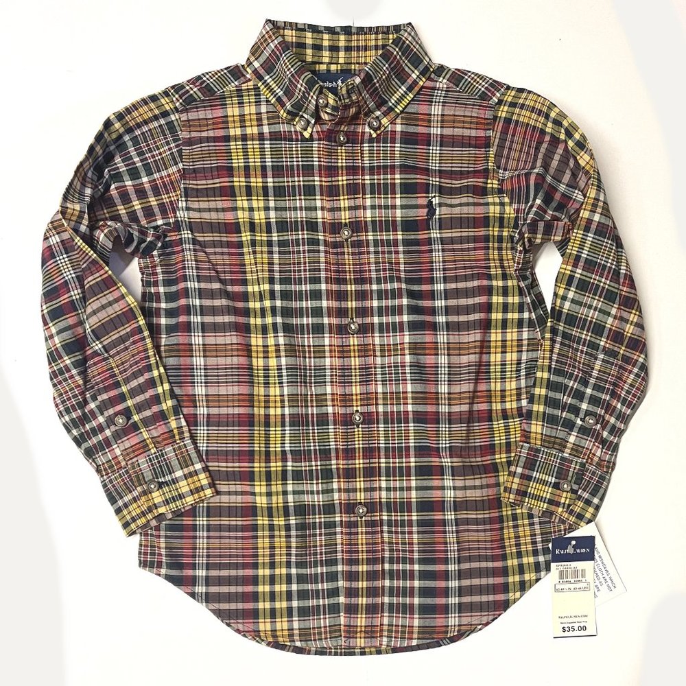 New Ralph Lauren Boys Holiday Madras Plaid Button Down sz 2T